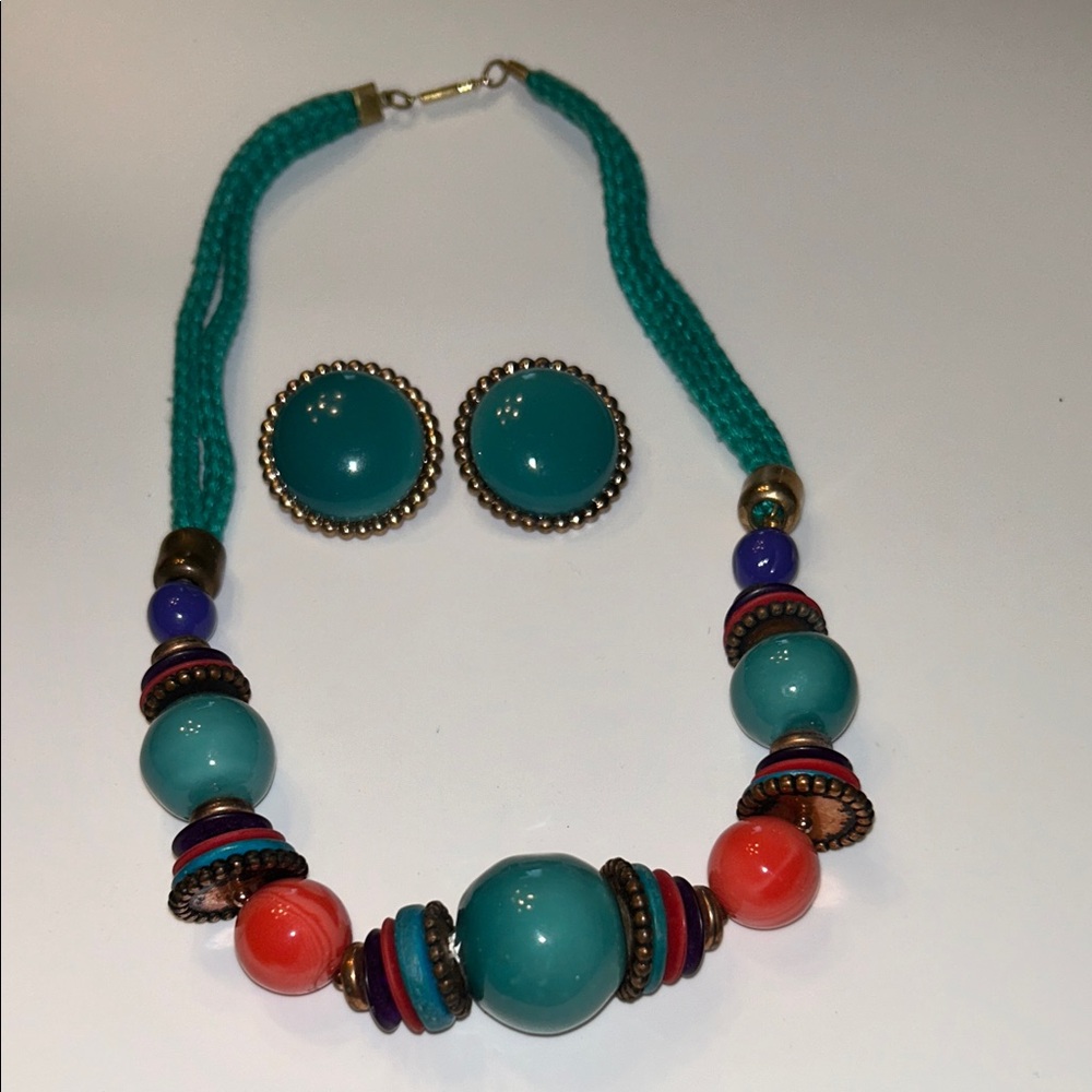 Glazed Ceramic Beads on Knotted Cord Necklace and Matching Earringsโ Vintage